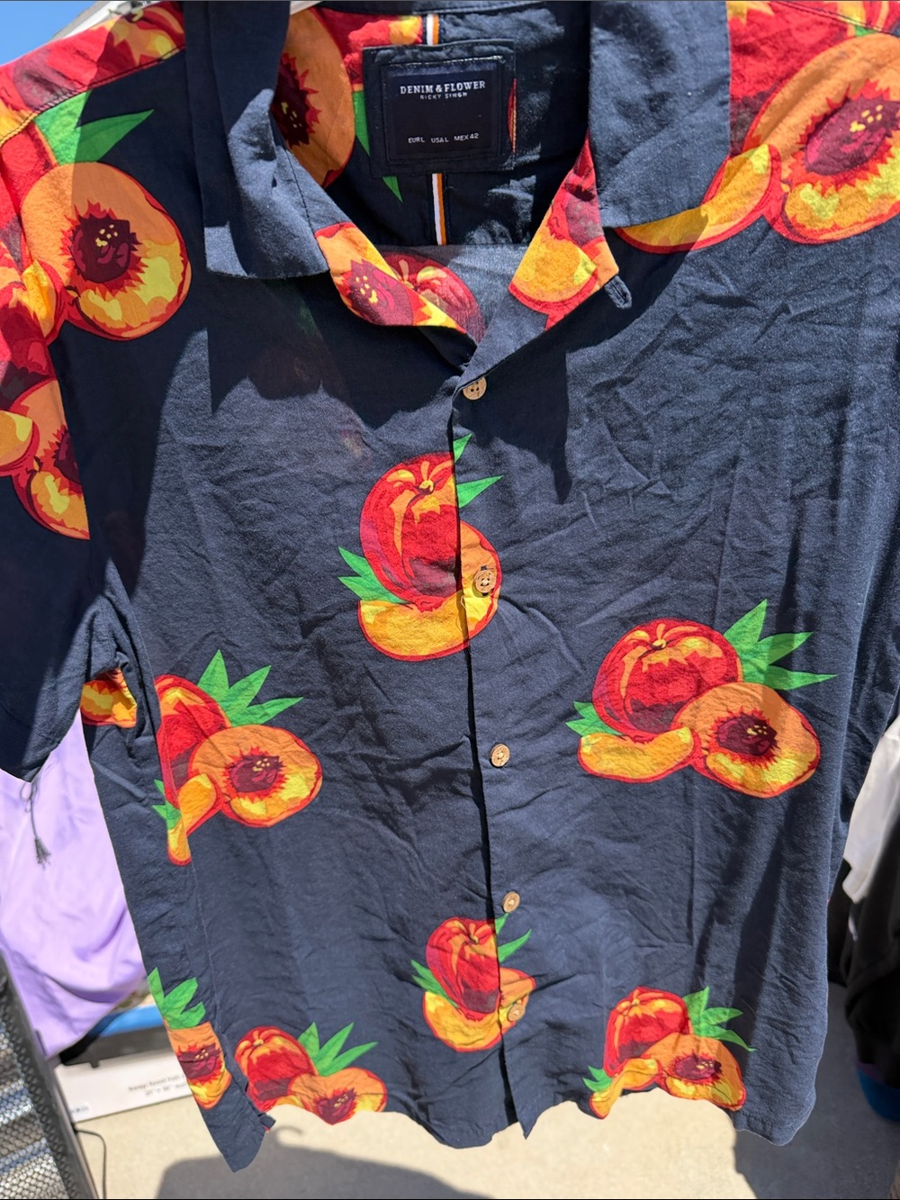 Denim & Flower Navy Peach-Print Short Sleeve Button-Up